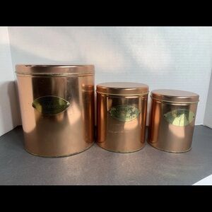 vintage copper toned metal nesting canisters w/ engraved plate flour coffee tea